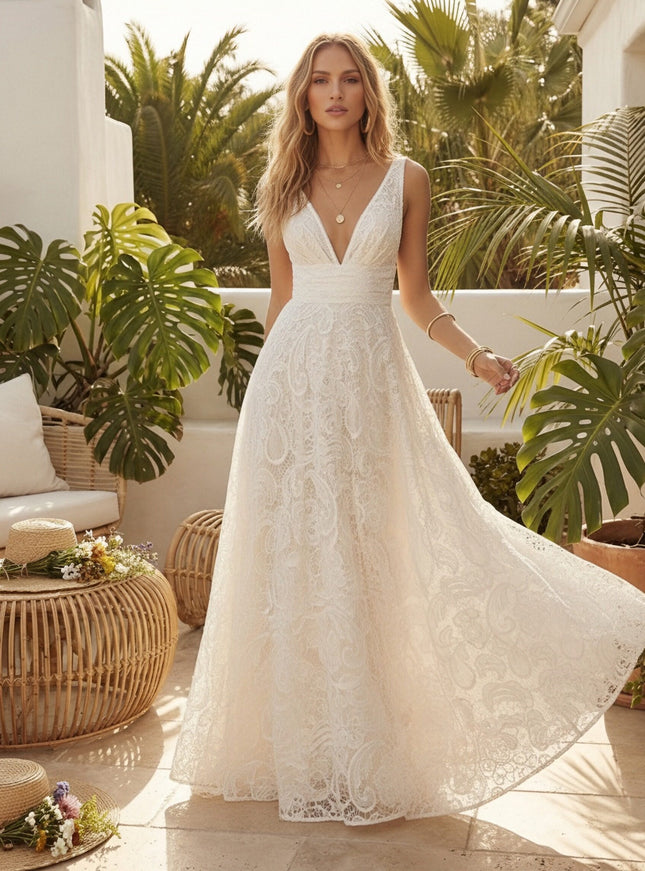 Laces A Line V Neck Long Wedding Dresses