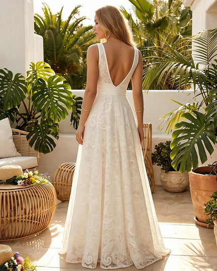Laces A Line V Neck Long Wedding Dresses