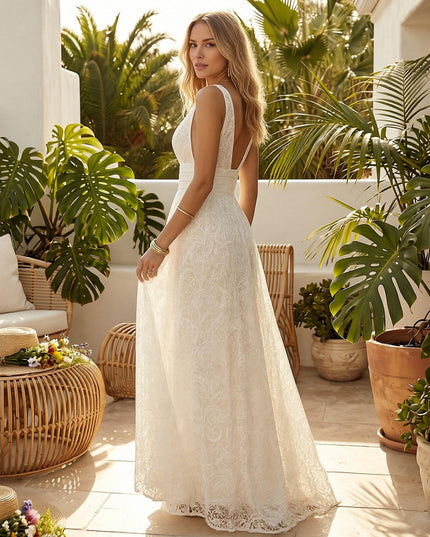 Laces A Line V Neck Long Wedding Dresses