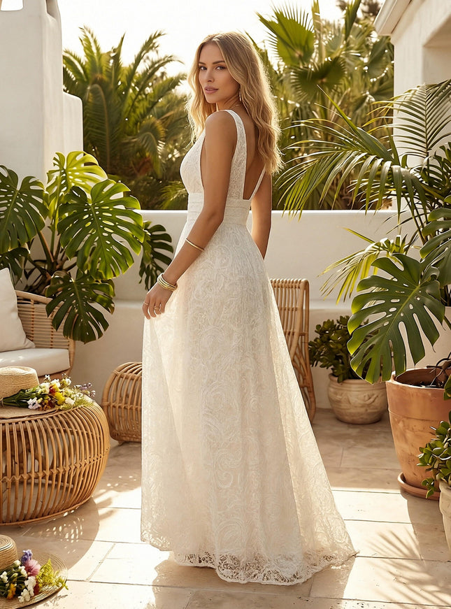 Laces A Line V Neck Long Wedding Dresses