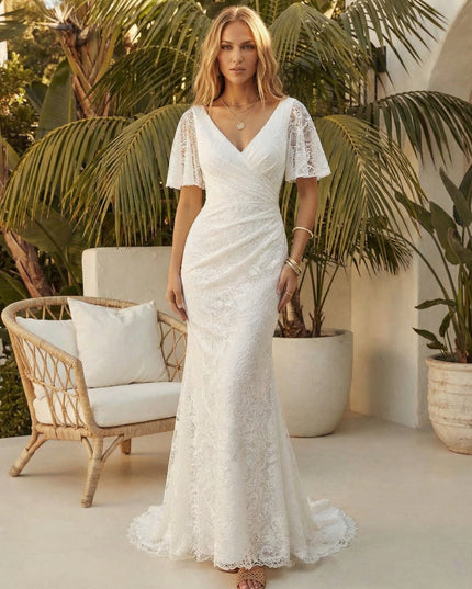 Laces Mermaid V Neck Long Wedding Dresses