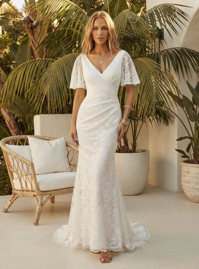 Laces Mermaid V Neck Long Wedding Dresses