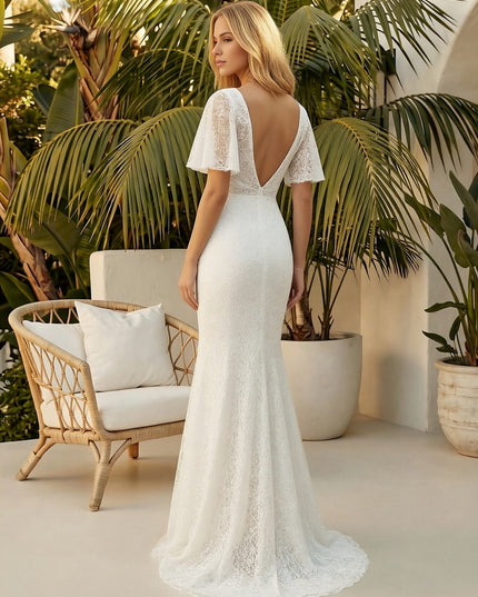 Laces Mermaid V Neck Long Wedding Dresses
