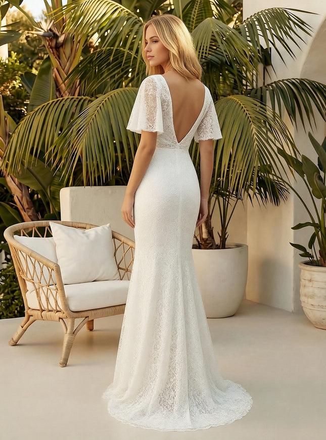 Laces Mermaid V Neck Long Wedding Dresses