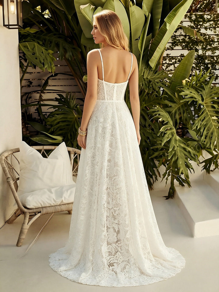 Laces A Line Spaghetti Straps Long Wedding Dresses