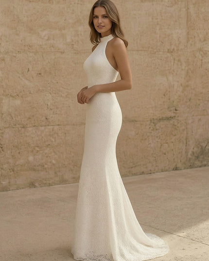 Laces Mermaid Halter Long Wedding Dresses