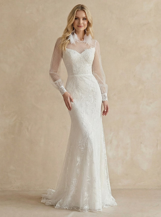 Laces Mermaid Scoop Neck Long Wedding Dresses