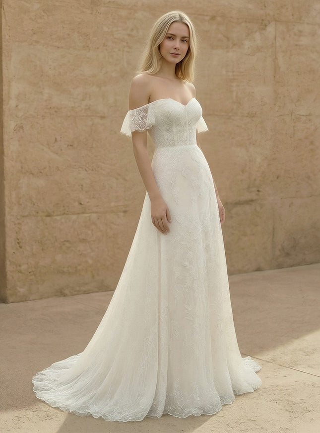 Laces A Line Off the Shoulder Long Wedding Dresses