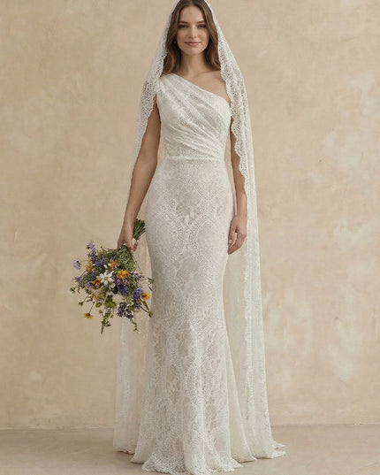 Laces Mermaid One Shoulder Long Wedding Dresses