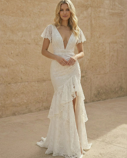 Laces Mermaid V Neck Long Wedding Dresses