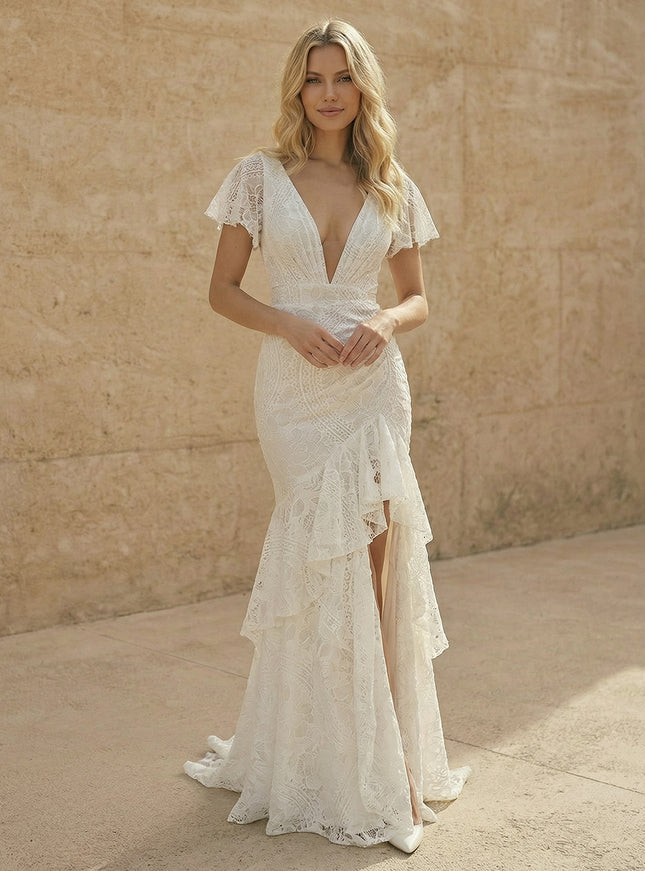 Laces Mermaid V Neck Long Wedding Dresses