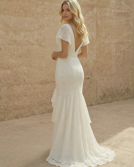 Laces Mermaid V Neck Long Wedding Dresses