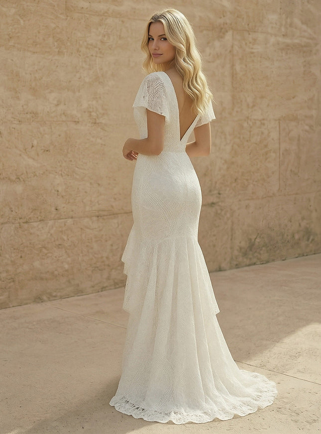 Laces Mermaid V Neck Long Wedding Dresses