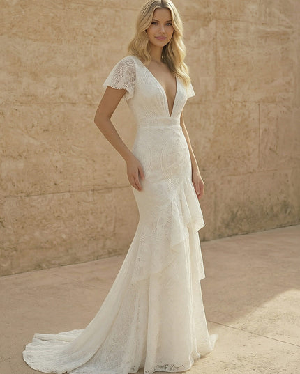 Laces Mermaid V Neck Long Wedding Dresses