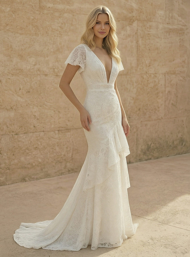 Laces Mermaid V Neck Long Wedding Dresses