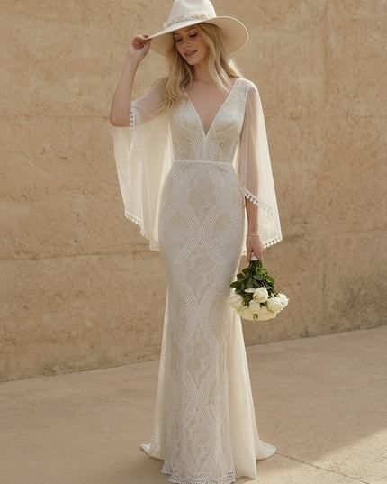 Laces Mermaid V Neck Long Wedding Dresses