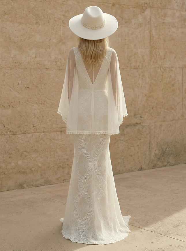 Laces Mermaid V Neck Long Wedding Dresses