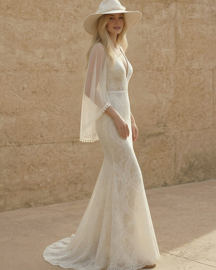 Laces Mermaid V Neck Long Wedding Dresses