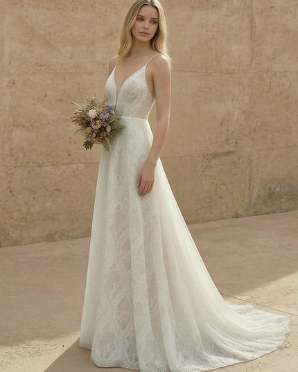Laces A Line Spaghetti Straps Long Wedding Dresses