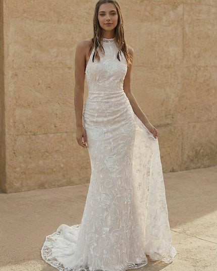 Laces Mermaid Halter Long Wedding Dresses