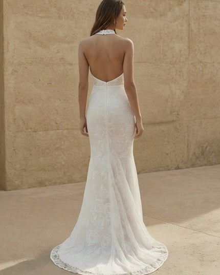 Laces Mermaid Halter Long Wedding Dresses