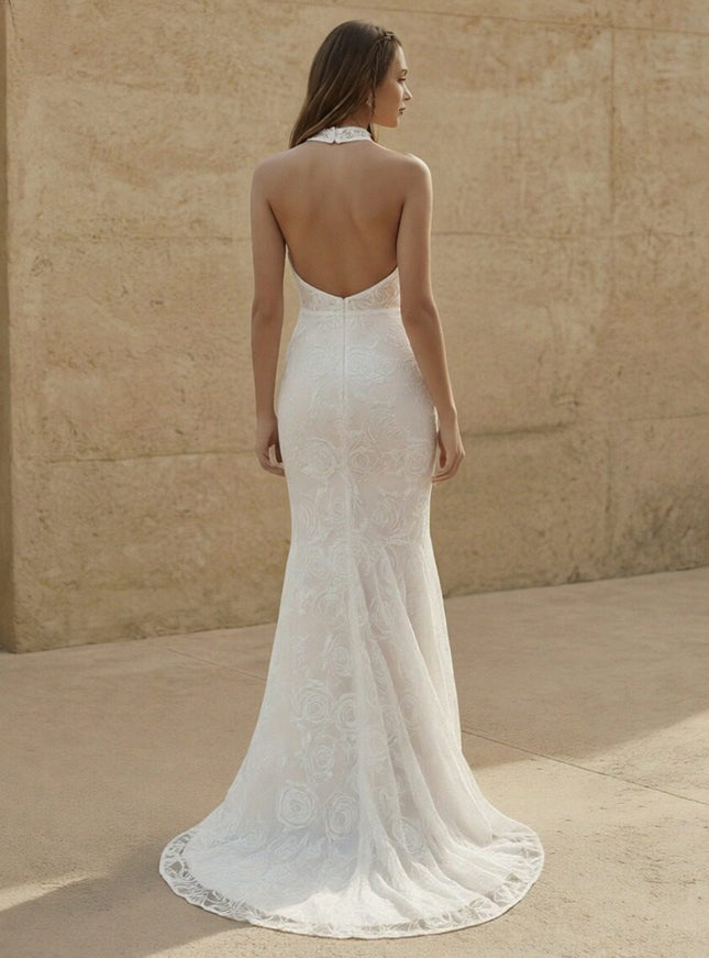 Laces Mermaid Halter Long Wedding Dresses