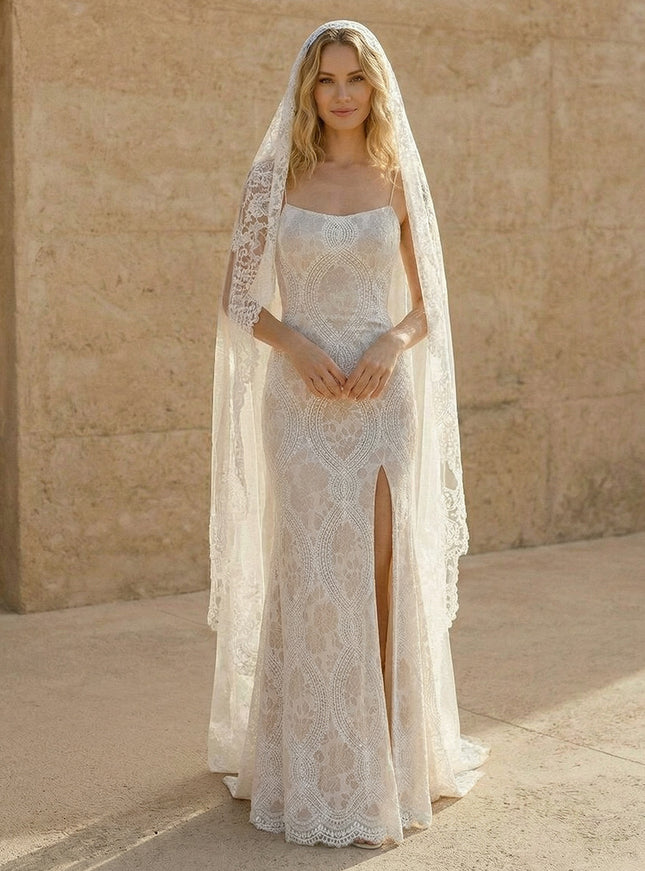 Laces Mermaid Spaghetti Straps Long Wedding Dresses