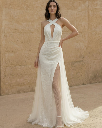 Laces Mermaid Criss Cross Long Wedding Dresses