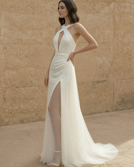 Laces Mermaid Criss Cross Long Wedding Dresses