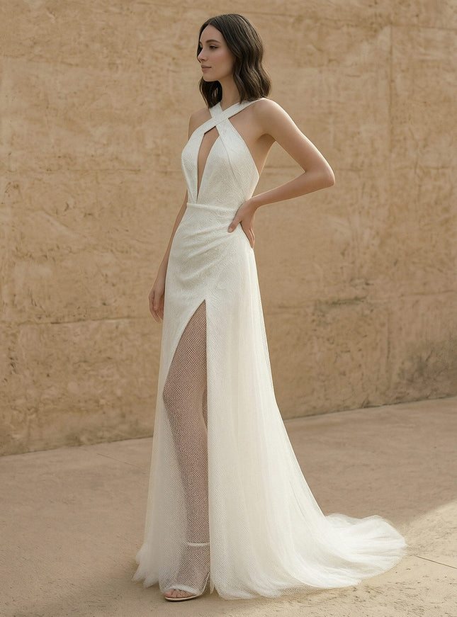 Laces Mermaid Criss Cross Long Wedding Dresses