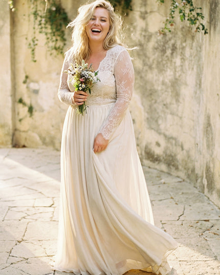 Laces A Line V Neck Long Wedding Dresses