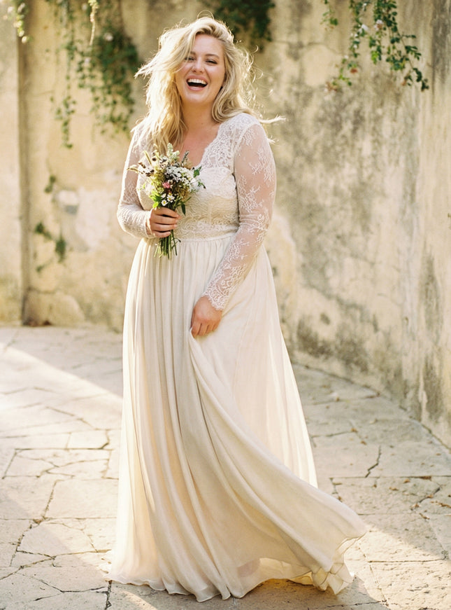 Laces A Line V Neck Long Wedding Dresses