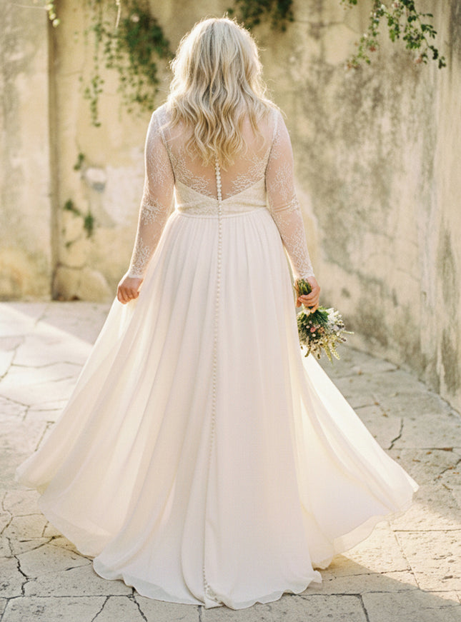 Laces A Line V Neck Long Wedding Dresses