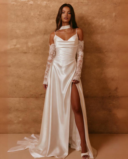 Spaghetti Straps Satin Wedding Dresses with Scarf