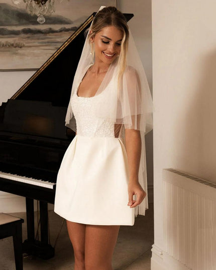 Wide Straps Square Neck Satin Short Wedding Dresses