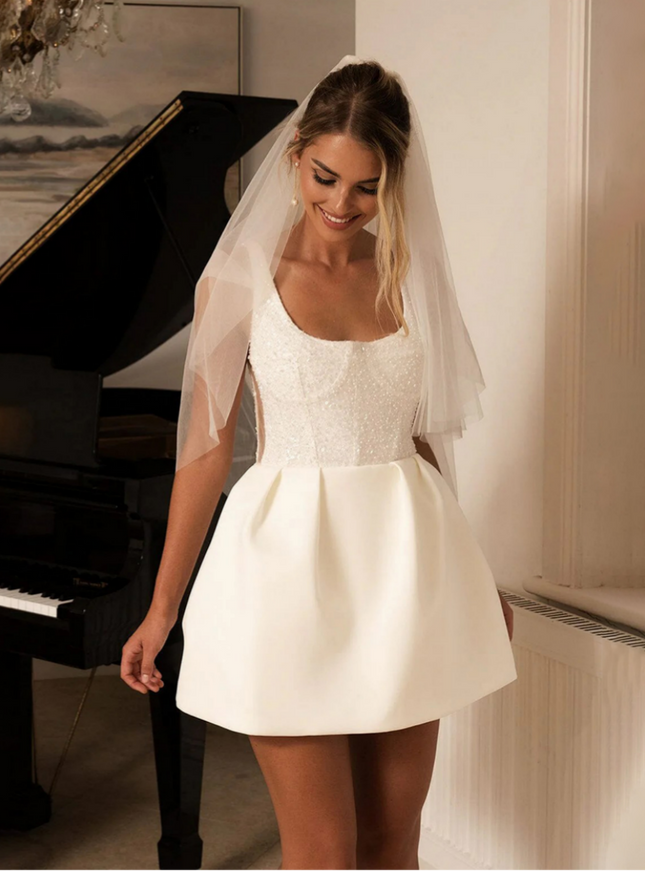 Wide Straps Square Neck Satin Short Wedding Dresses