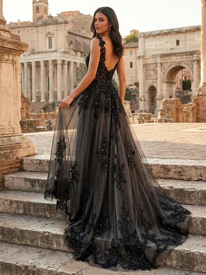 Laces A Line V Neck Long Wedding Dresses