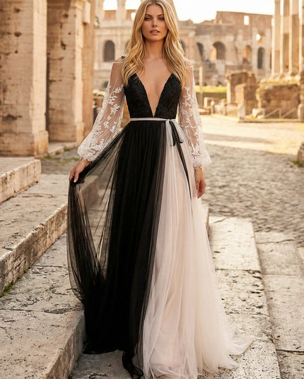 Tulle A Line V Neck Long Wedding Dresses