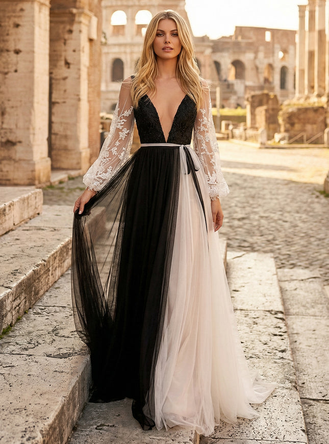 Tulle A Line V Neck Long Wedding Dresses