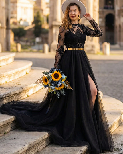 Tulle A Line Round Neck Long Wedding Dresses