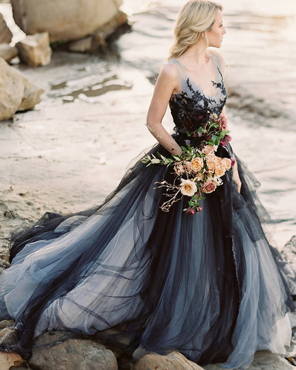 Tulle A Line V Neck Long Wedding Dresses