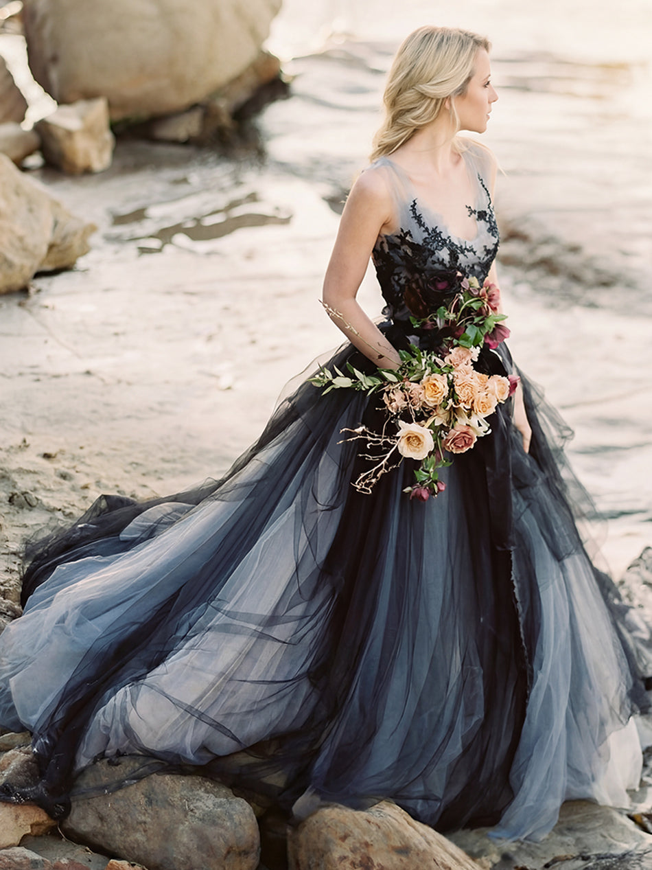 Tulle A Line V Neck Long Wedding Dresses