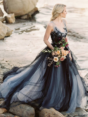 Tulle A Line V Neck Long Wedding Dresses