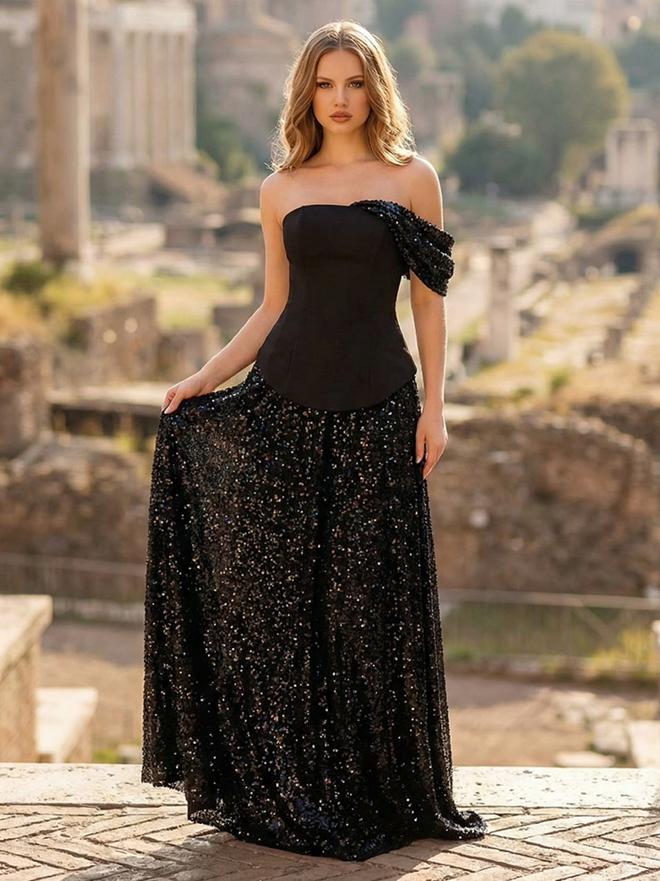 Sequin A Line One Shoulder Long Wedding Dresses