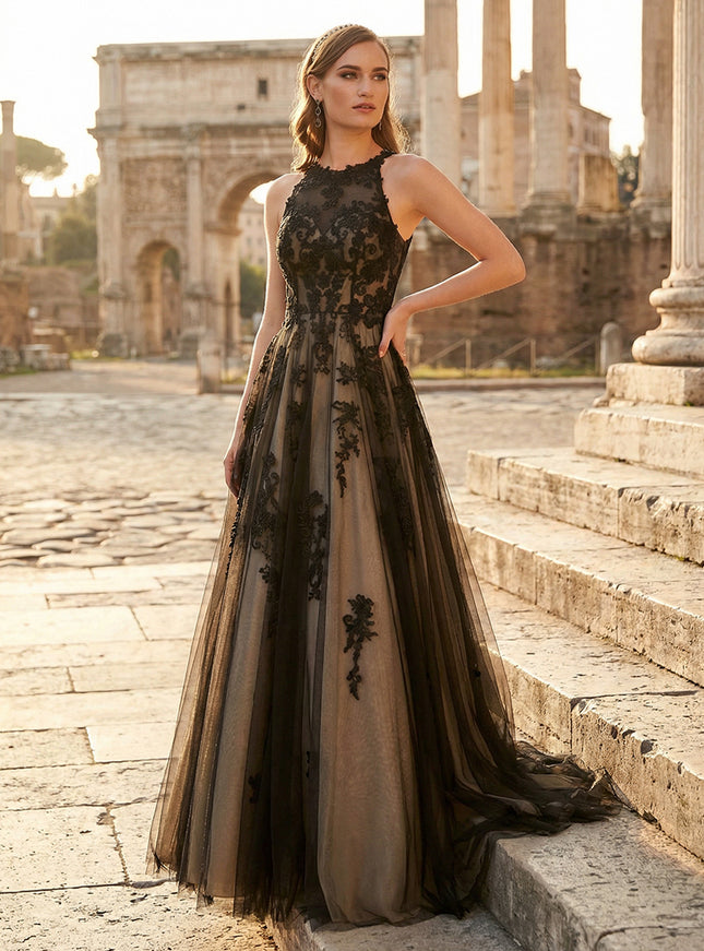 Tulle A Line Round Neck Long Wedding Dresses