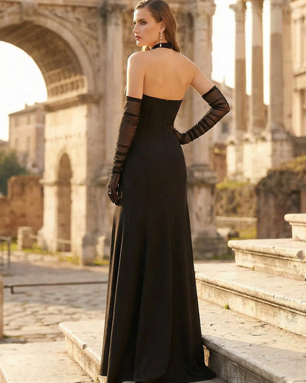 Satin Bodycon Halter Long Wedding Dresses with Slit