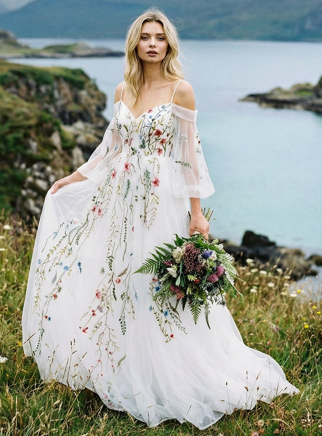 Off the Shoulder V Neck Lace Embroidered Wedding Dresses