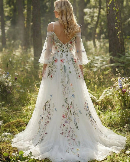 Off the Shoulder V Neck Lace Embroidered Wedding Dresses