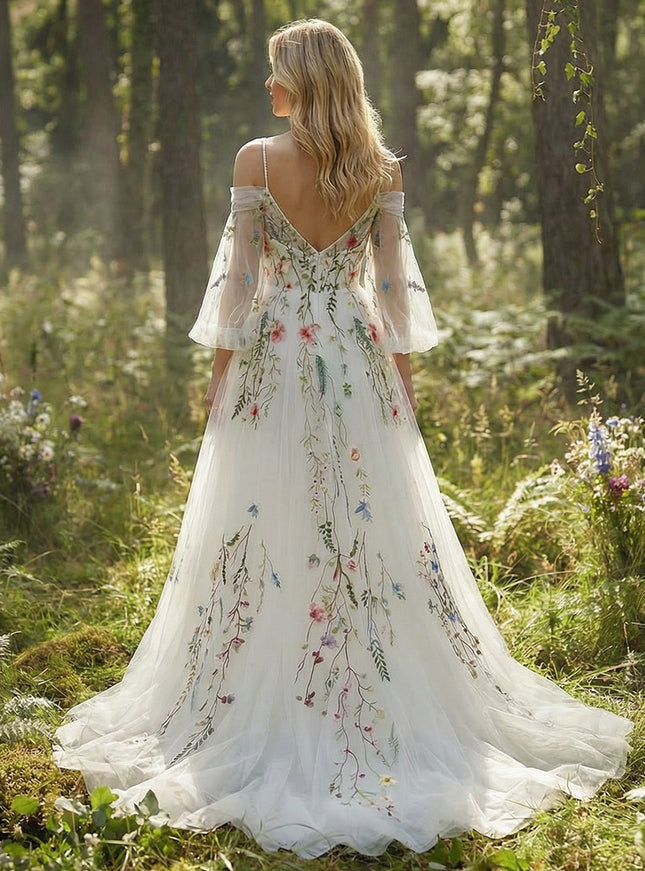 Off the Shoulder V Neck Lace Embroidered Wedding Dresses