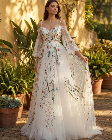 Off the Shoulder V Neck Lace Embroidered Wedding Dresses